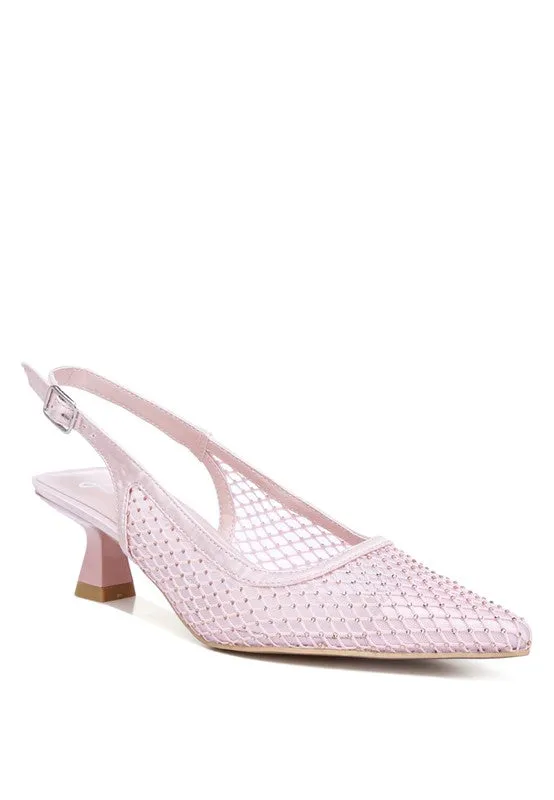 Siev Rhinestone Slingback Mules – Pointed Toe Kitten Heel Shoes
