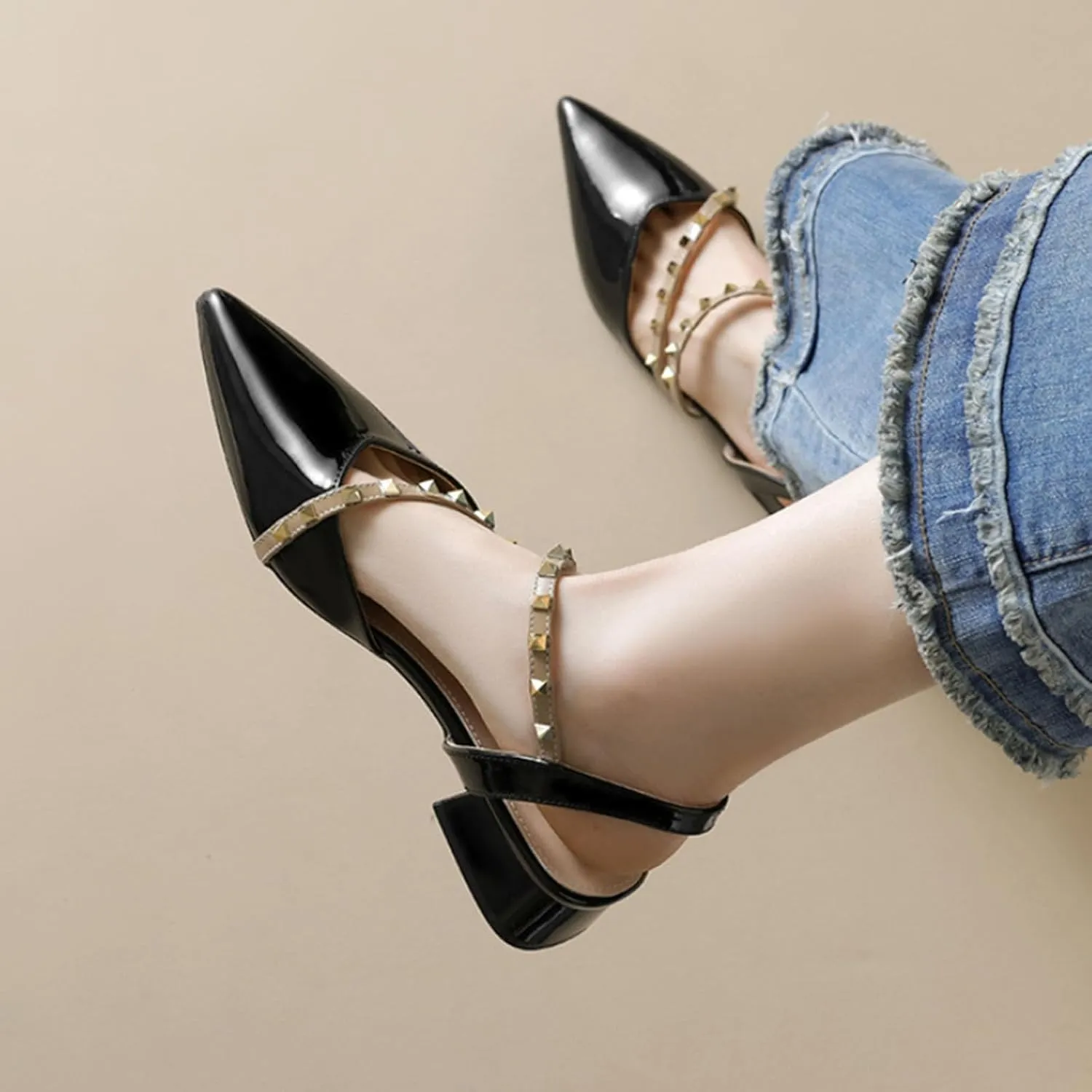 Slingback Heels for Women Closed Pointed Toe Ankle Strap Studded Low Block Heels Comfortable Pumps Dress Shoes for Women