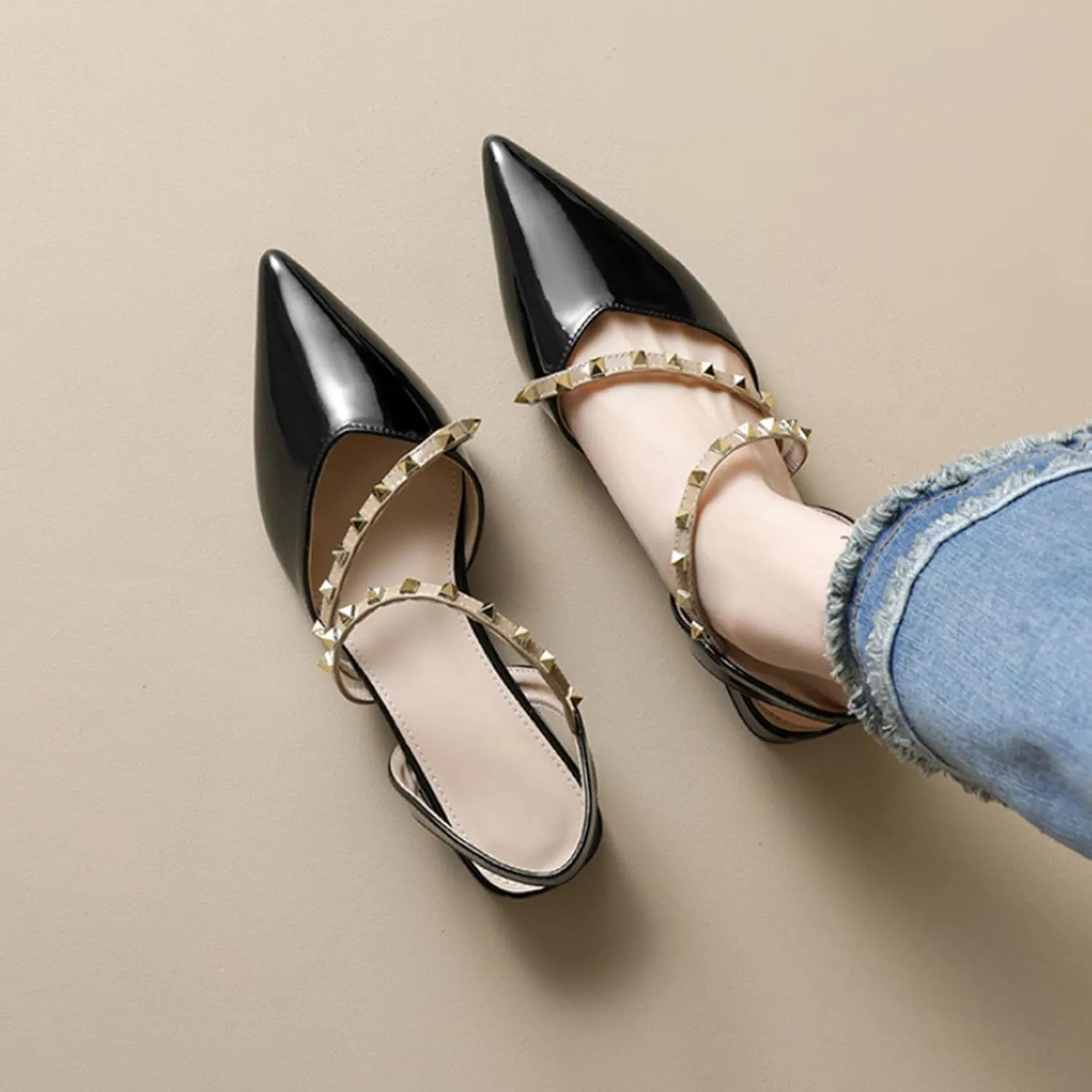 Slingback Heels for Women Closed Pointed Toe Ankle Strap Studded Low Block Heels Comfortable Pumps Dress Shoes for Women