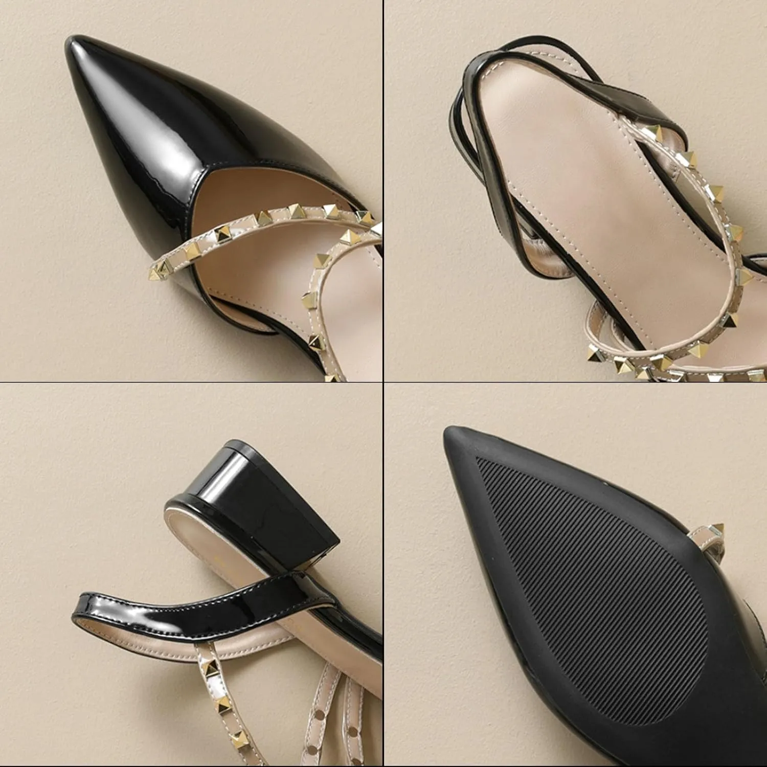 Slingback Heels for Women Closed Pointed Toe Ankle Strap Studded Low Block Heels Comfortable Pumps Dress Shoes for Women