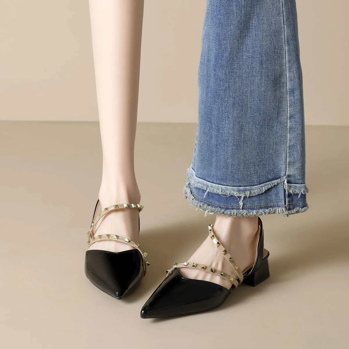 Slingback Heels for Women Closed Pointed Toe Ankle Strap Studded Low Block Heels Comfortable Pumps Dress Shoes for Women