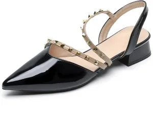 Slingback Heels for Women Closed Pointed Toe Ankle Strap Studded Low Block Heels Comfortable Pumps Dress Shoes for Women