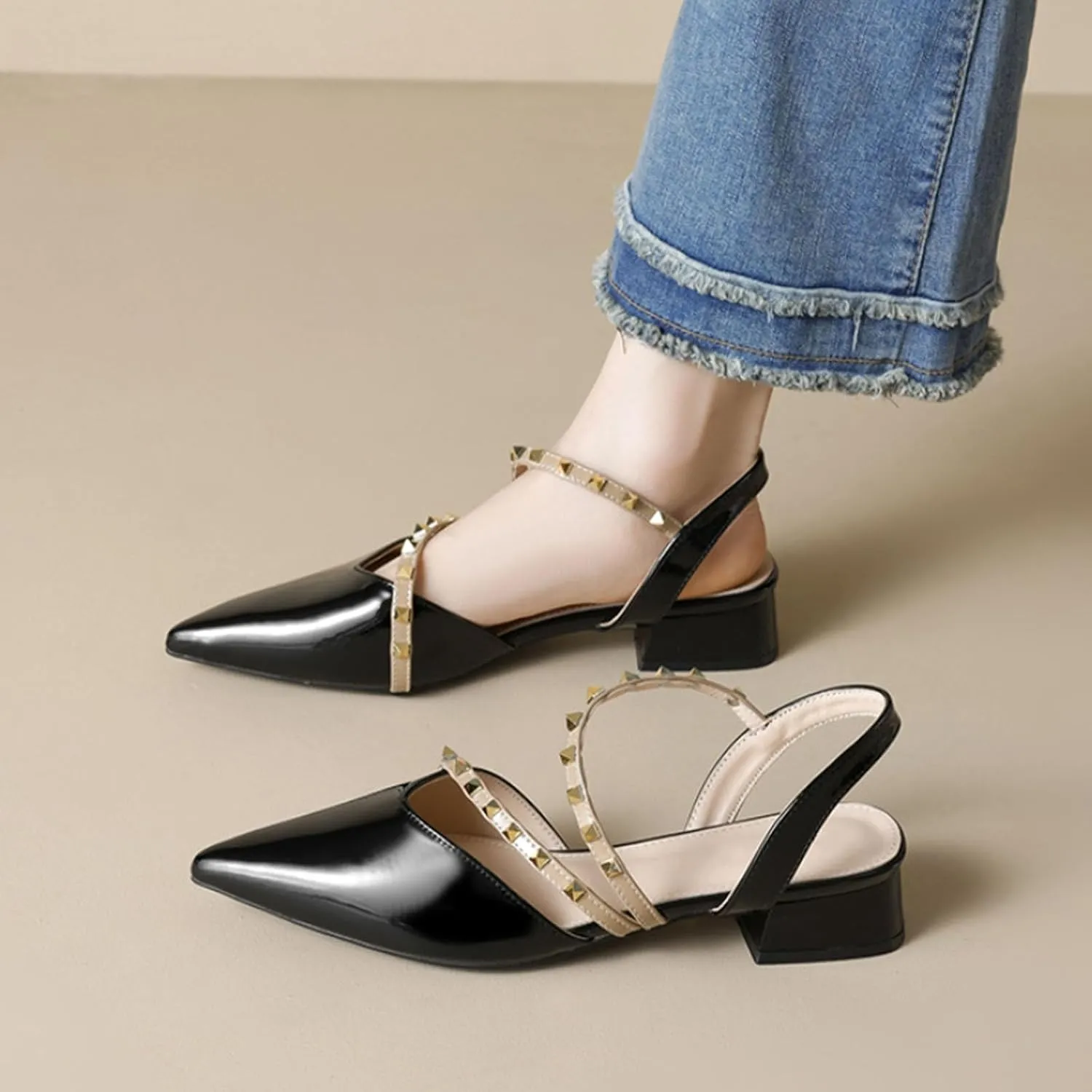 Slingback Heels for Women Closed Pointed Toe Ankle Strap Studded Low Block Heels Comfortable Pumps Dress Shoes for Women