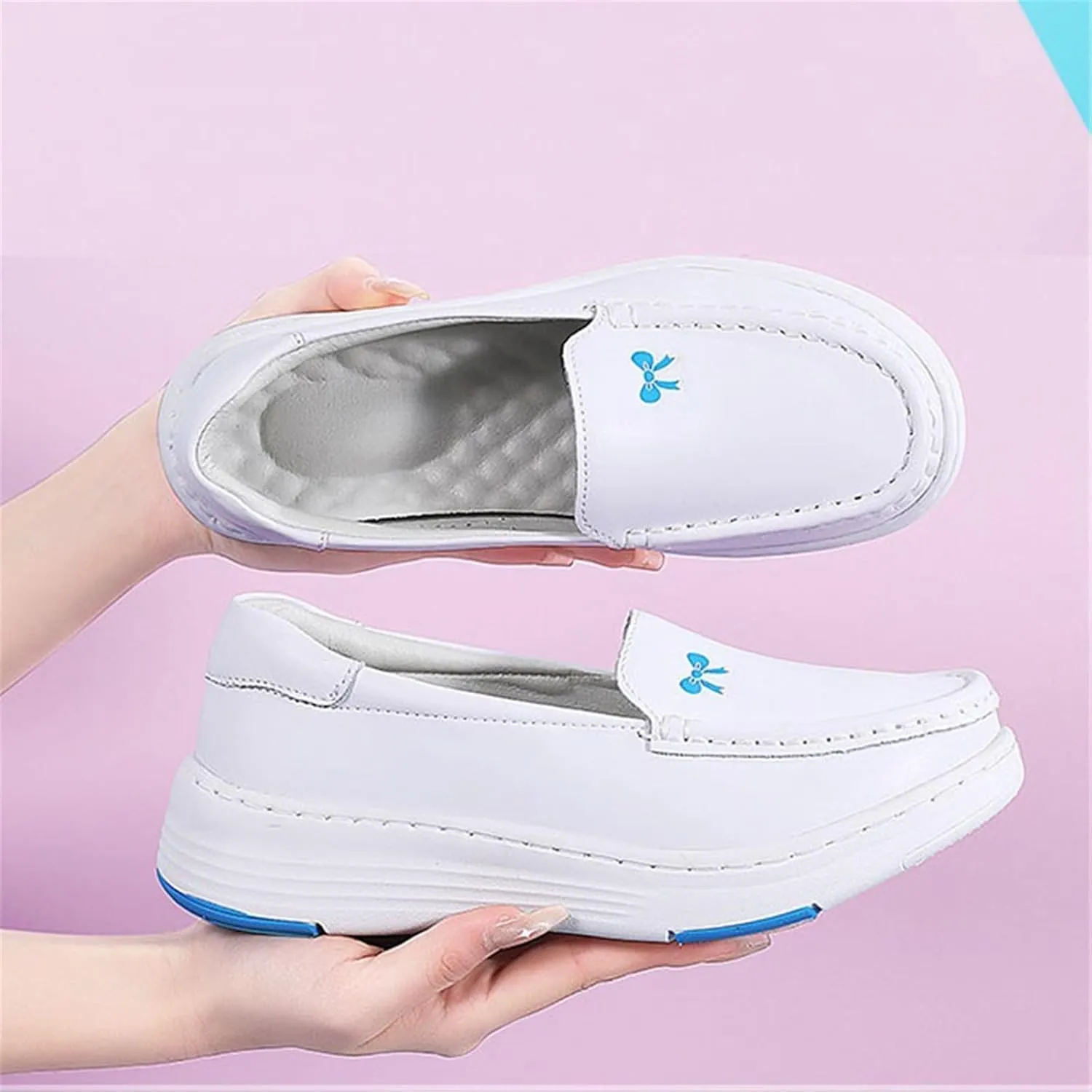 Slip-On Breathable Platform Wedge Leather Nursing Shoes for Women, Fashionable Buffer Wipeable Nonslip Hospital Non Tiring Feet Loafers, Ideal for Nurse Healthcare Crews