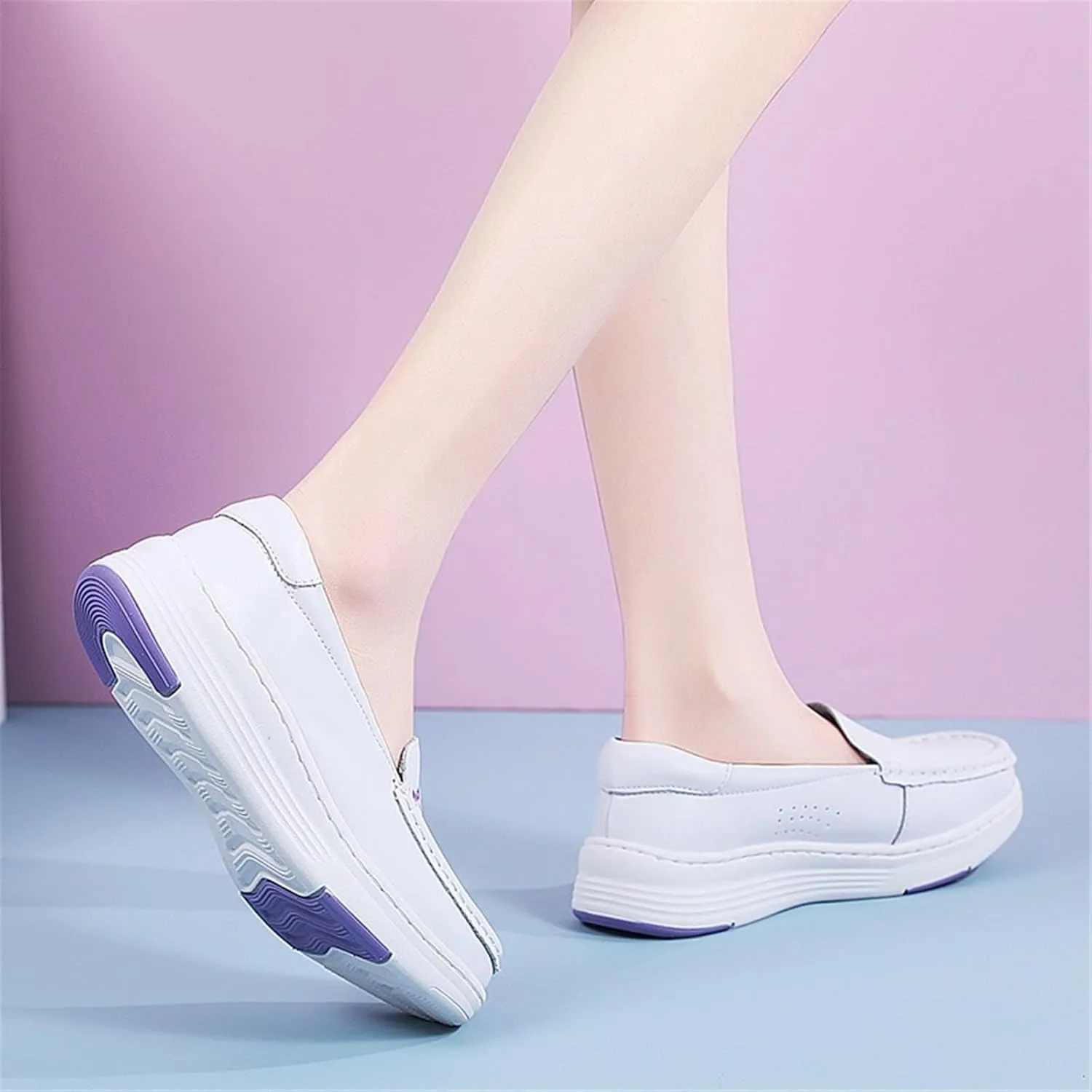Slip-On Breathable Platform Wedge Leather Nursing Shoes for Women, Fashionable Buffer Wipeable Nonslip Hospital Non Tiring Feet Loafers, Ideal for Nurse Healthcare Crews