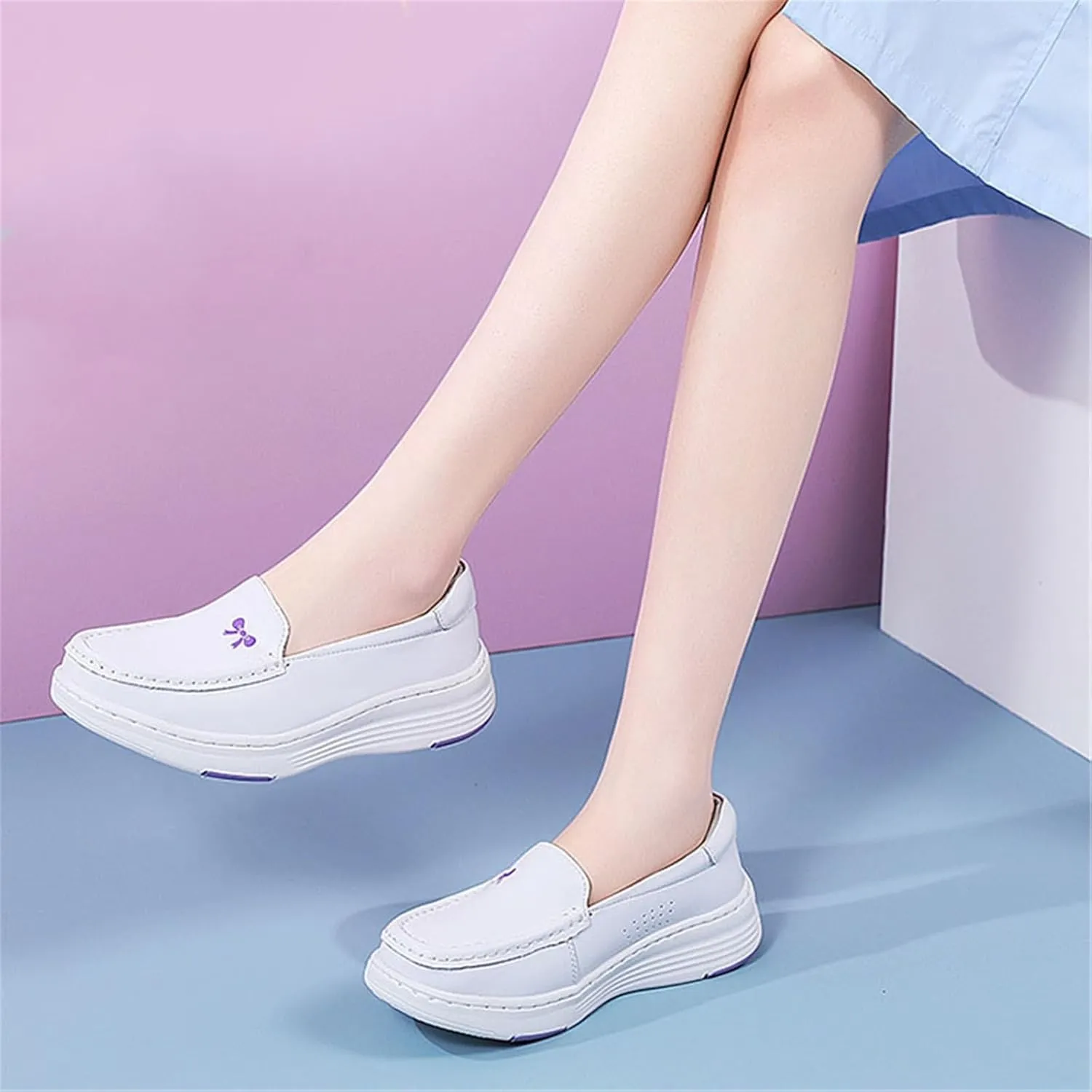 Slip-On Breathable Platform Wedge Leather Nursing Shoes for Women, Fashionable Buffer Wipeable Nonslip Hospital Non Tiring Feet Loafers, Ideal for Nurse Healthcare Crews