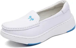 Slip-On Breathable Platform Wedge Leather Nursing Shoes for Women, Fashionable Buffer Wipeable Nonslip Hospital Non Tiring Feet Loafers, Ideal for Nurse Healthcare Crews