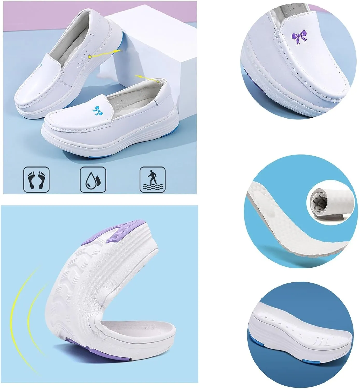 Slip-On Breathable Platform Wedge Leather Nursing Shoes for Women, Fashionable Buffer Wipeable Nonslip Hospital Non Tiring Feet Loafers, Ideal for Nurse Healthcare Crews