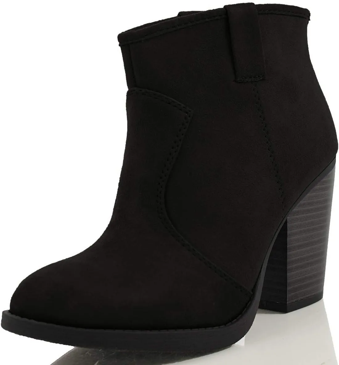 Soda Women's Albert Faux Suede Cowboy Pull-Tab Stacked Heels Ankle Booties