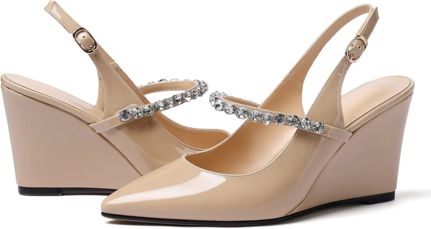 Soireelady Women High Heel Wedges Pointed Toe Heeled Sandals Slingback Wedge Heel Pumps Crystal Strap Buckle Heels Elegant Wedding, Party Dress Shoes