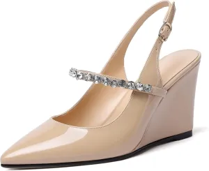 Soireelady Women High Heel Wedges Pointed Toe Heeled Sandals Slingback Wedge Heel Pumps Crystal Strap Buckle Heels Elegant Wedding, Party Dress Shoes