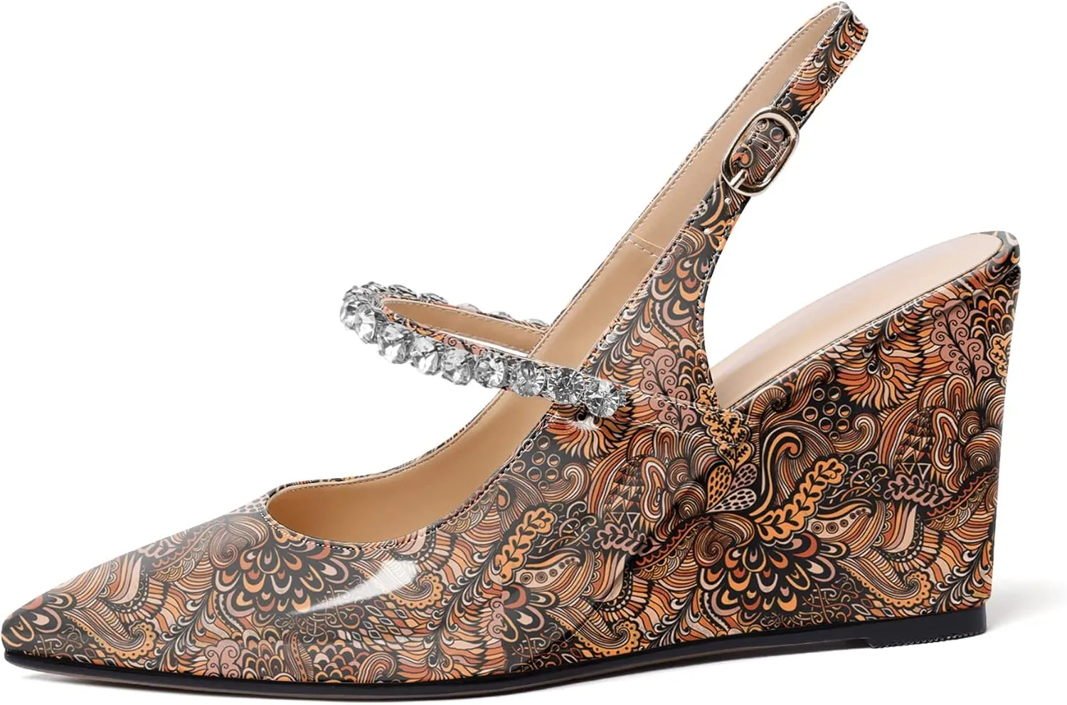 Soireelady Women High Heel Wedges Pointed Toe Heeled Sandals Slingback Wedge Heel Pumps Crystal Strap Buckle Heels Elegant Wedding, Party Dress Shoes