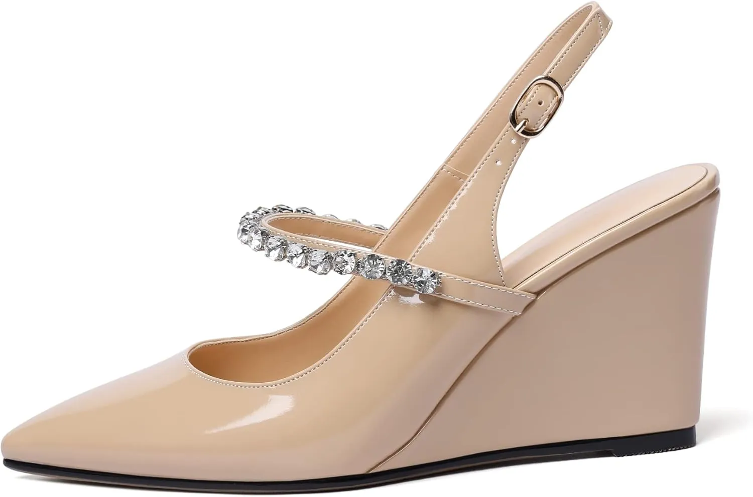 Soireelady Women High Heel Wedges Pointed Toe Heeled Sandals Slingback Wedge Heel Pumps Crystal Strap Buckle Heels Elegant Wedding, Party Dress Shoes