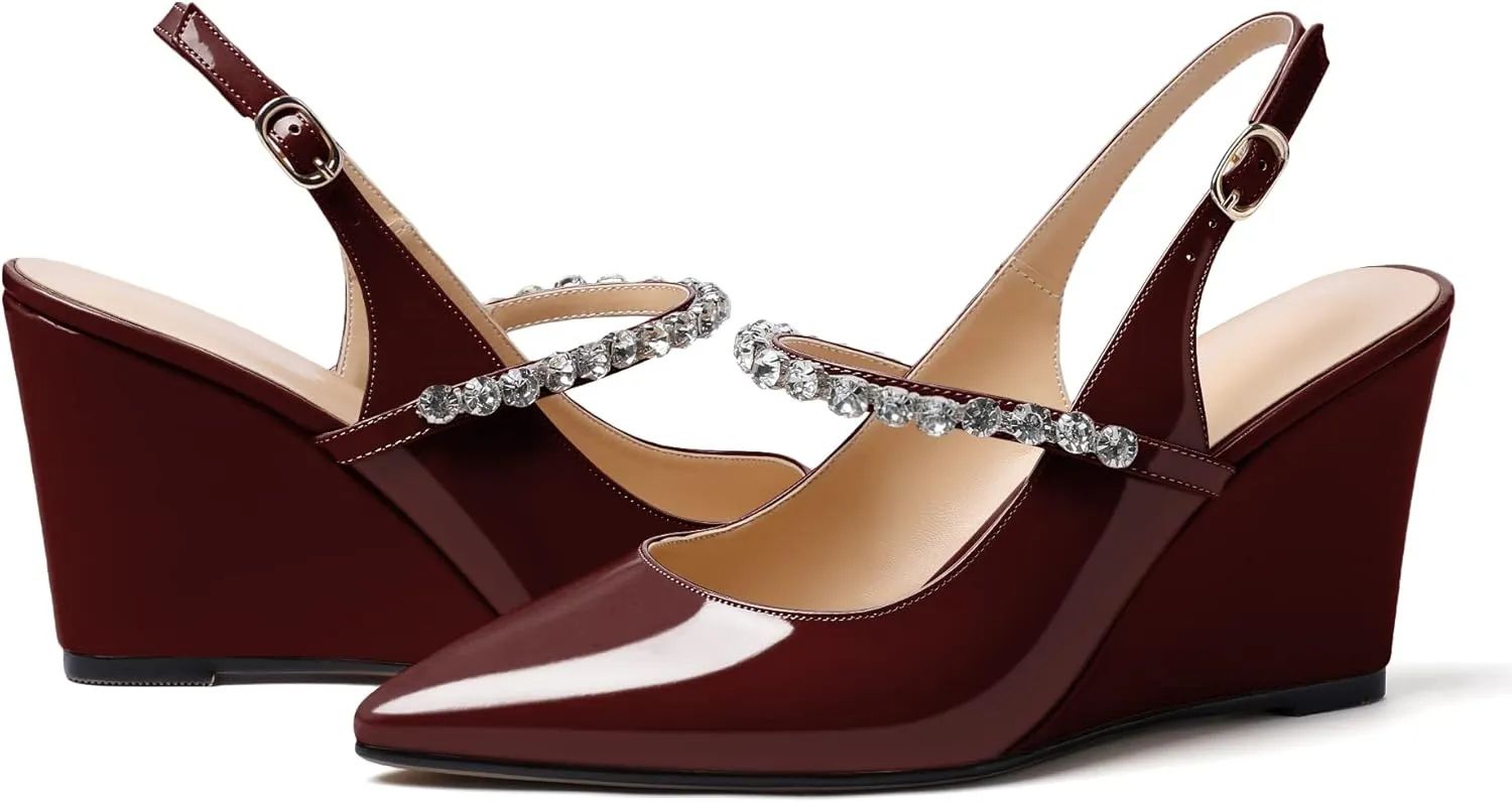 Soireelady Women High Heel Wedges Pointed Toe Heeled Sandals Slingback Wedge Heel Pumps Crystal Strap Buckle Heels Elegant Wedding, Party Dress Shoes