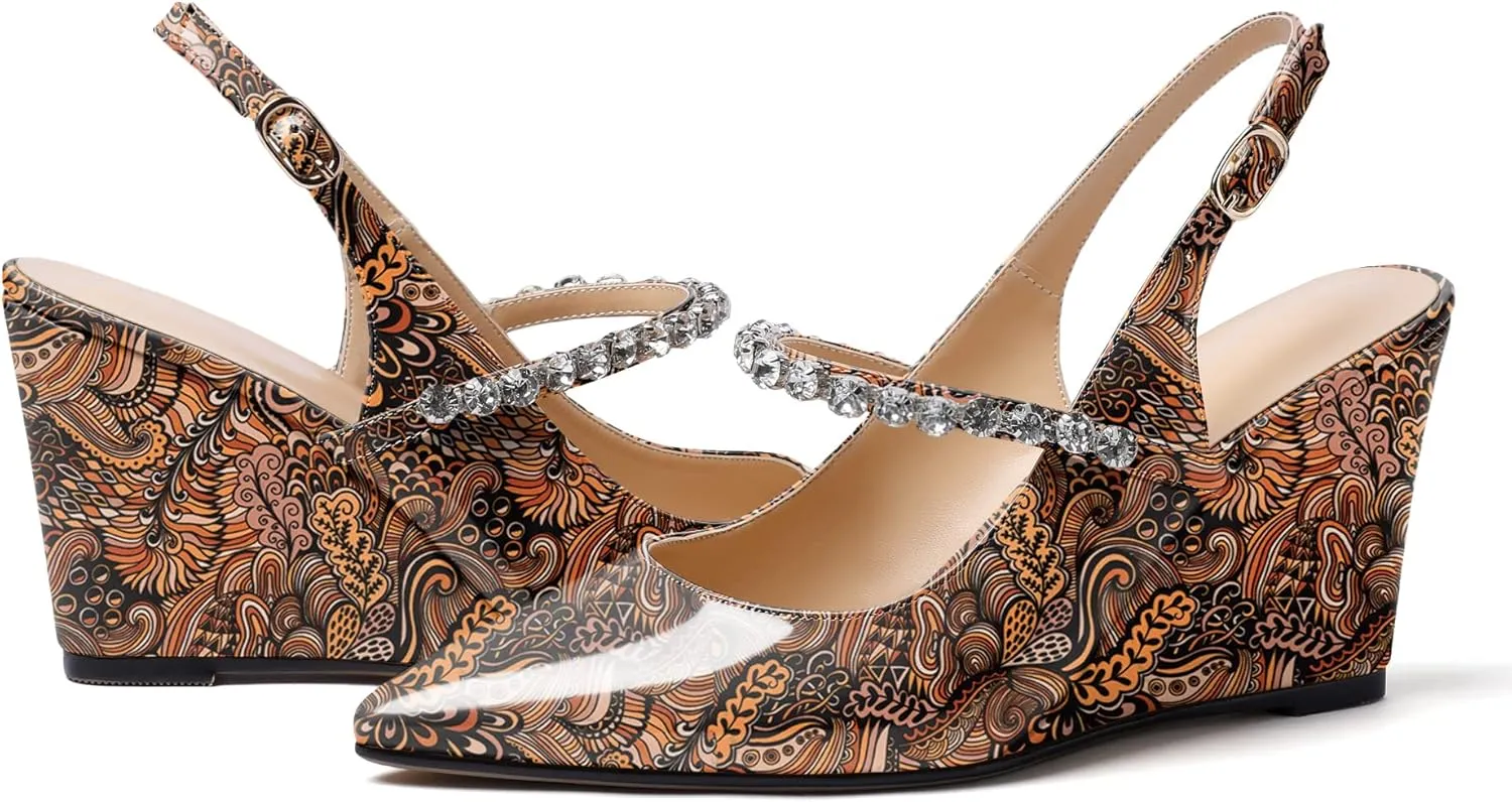 Soireelady Women High Heel Wedges Pointed Toe Heeled Sandals Slingback Wedge Heel Pumps Crystal Strap Buckle Heels Elegant Wedding, Party Dress Shoes