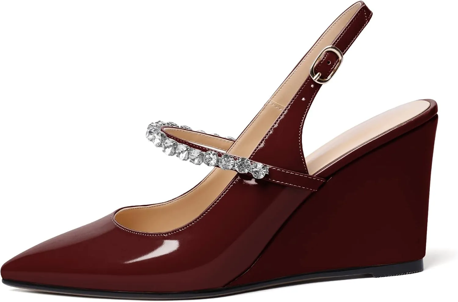 Soireelady Women High Heel Wedges Pointed Toe Heeled Sandals Slingback Wedge Heel Pumps Crystal Strap Buckle Heels Elegant Wedding, Party Dress Shoes