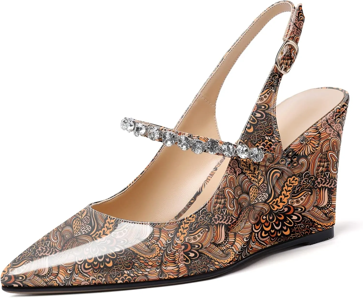 Soireelady Women High Heel Wedges Pointed Toe Heeled Sandals Slingback Wedge Heel Pumps Crystal Strap Buckle Heels Elegant Wedding, Party Dress Shoes