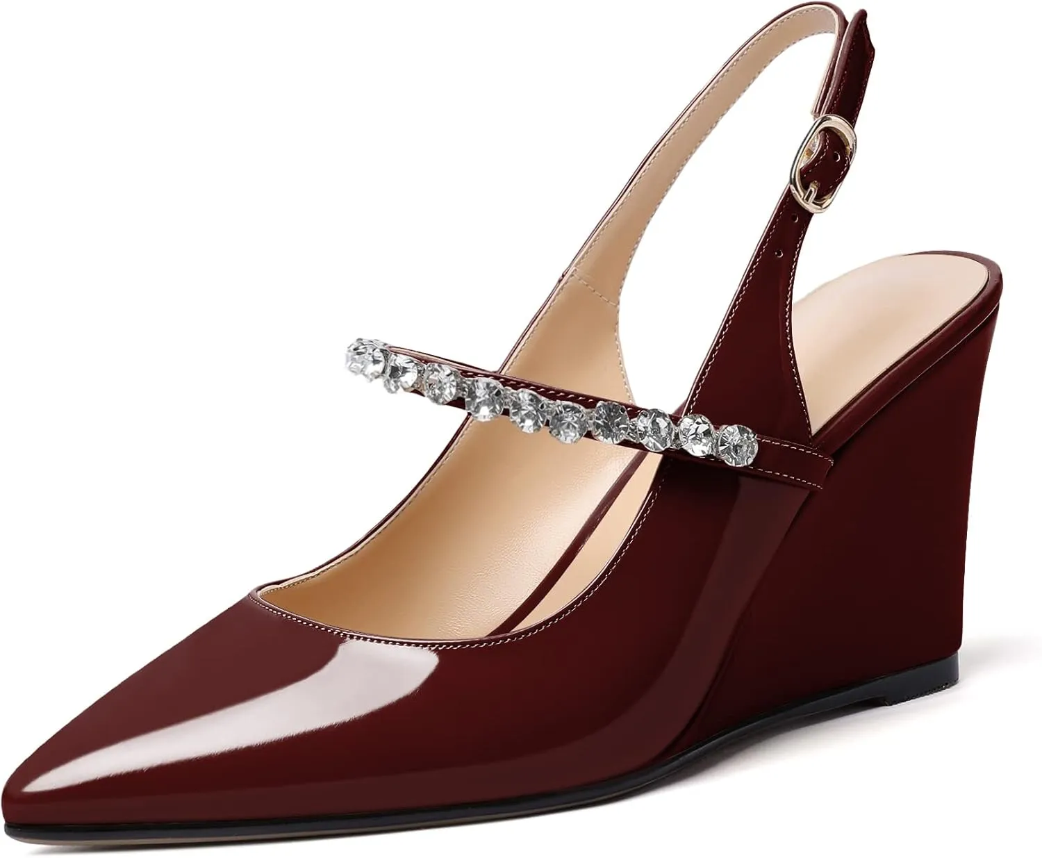 Soireelady Women High Heel Wedges Pointed Toe Heeled Sandals Slingback Wedge Heel Pumps Crystal Strap Buckle Heels Elegant Wedding, Party Dress Shoes