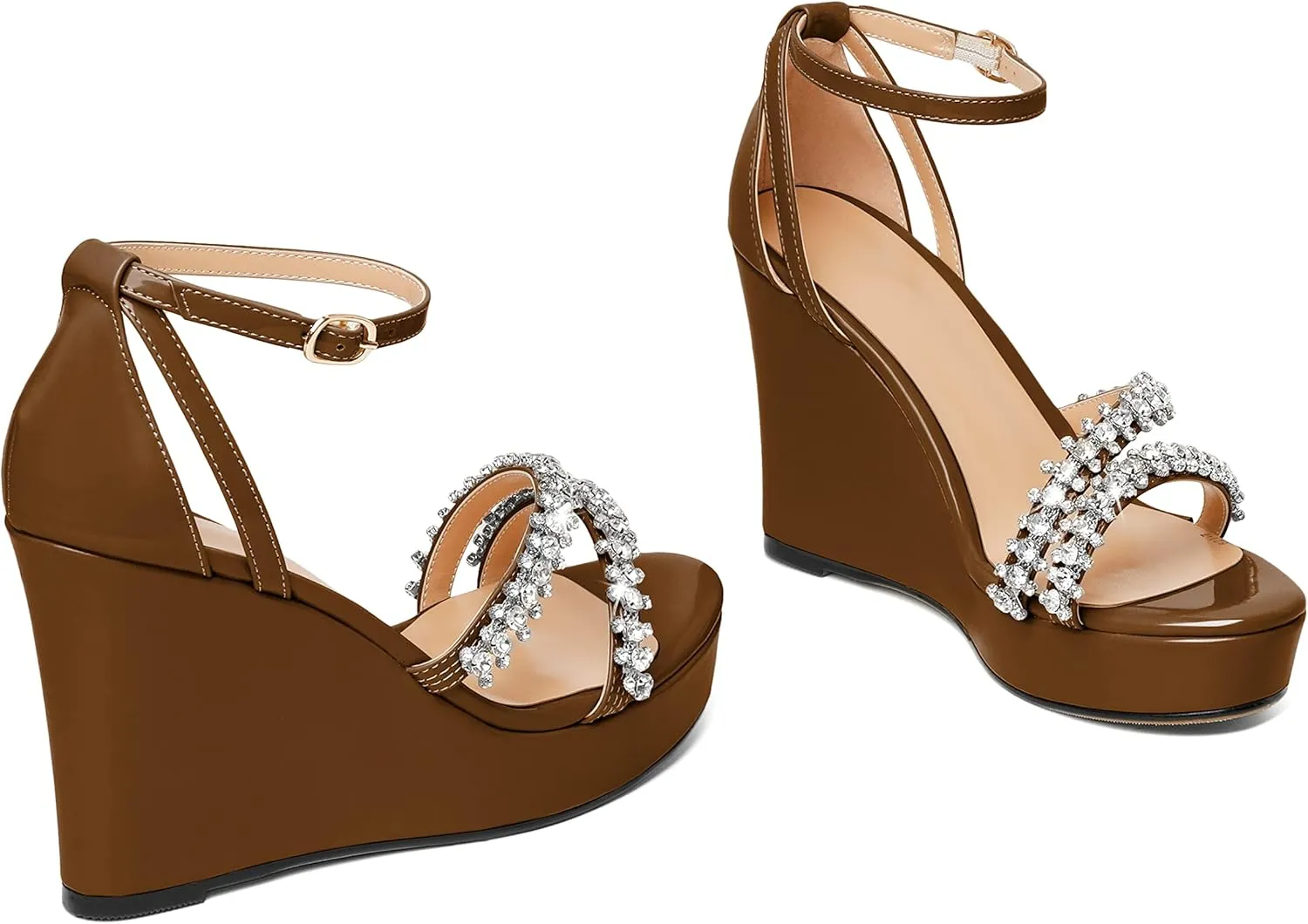 Soireelady Women Wedge Heel Sandals Open Toe Rhinestone Heels Sparkly Platform Heel Wedges Ankle Strap Summer Wedges Sexy Heeled Pump Shoes for Party Wedding Evening