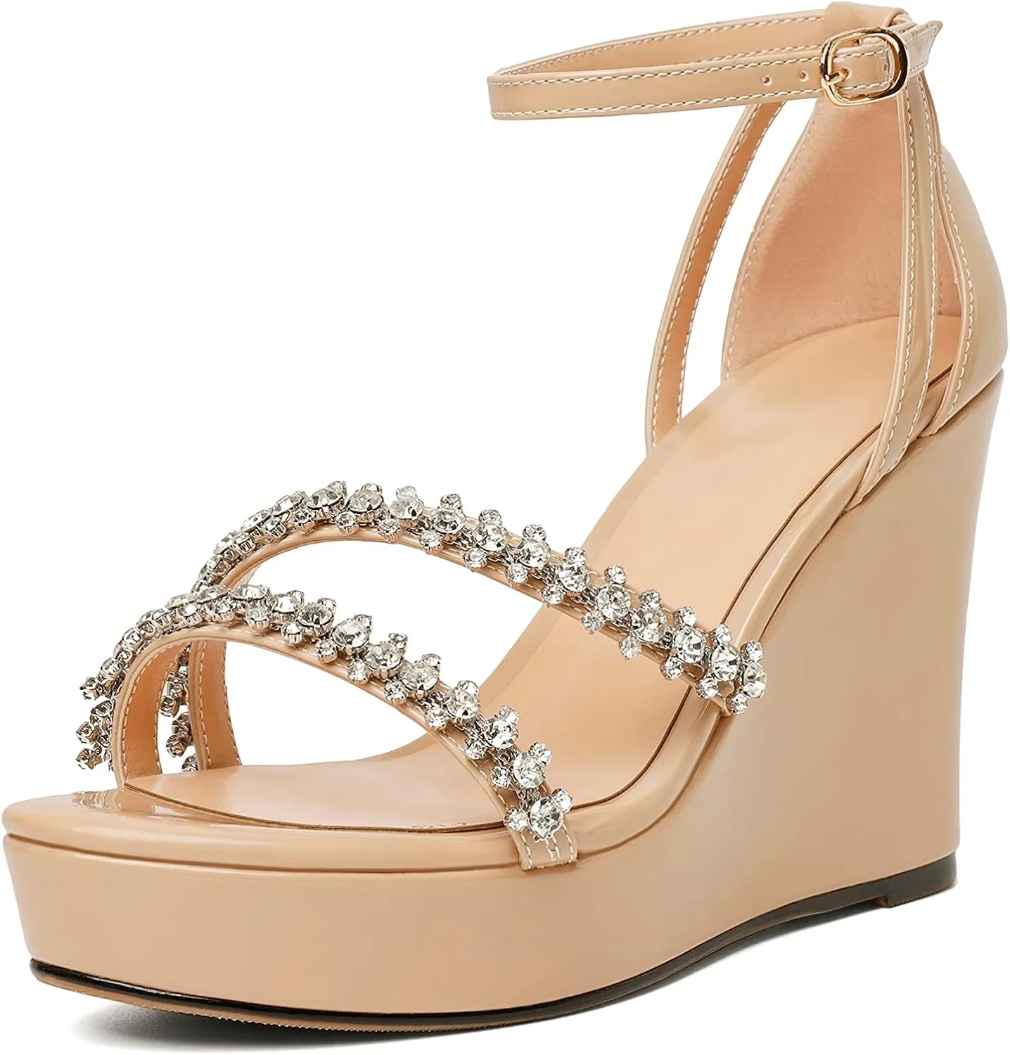 Soireelady Women Wedge Heel Sandals Open Toe Rhinestone Heels Sparkly Platform Heel Wedges Ankle Strap Summer Wedges Sexy Heeled Pump Shoes for Party Wedding Evening