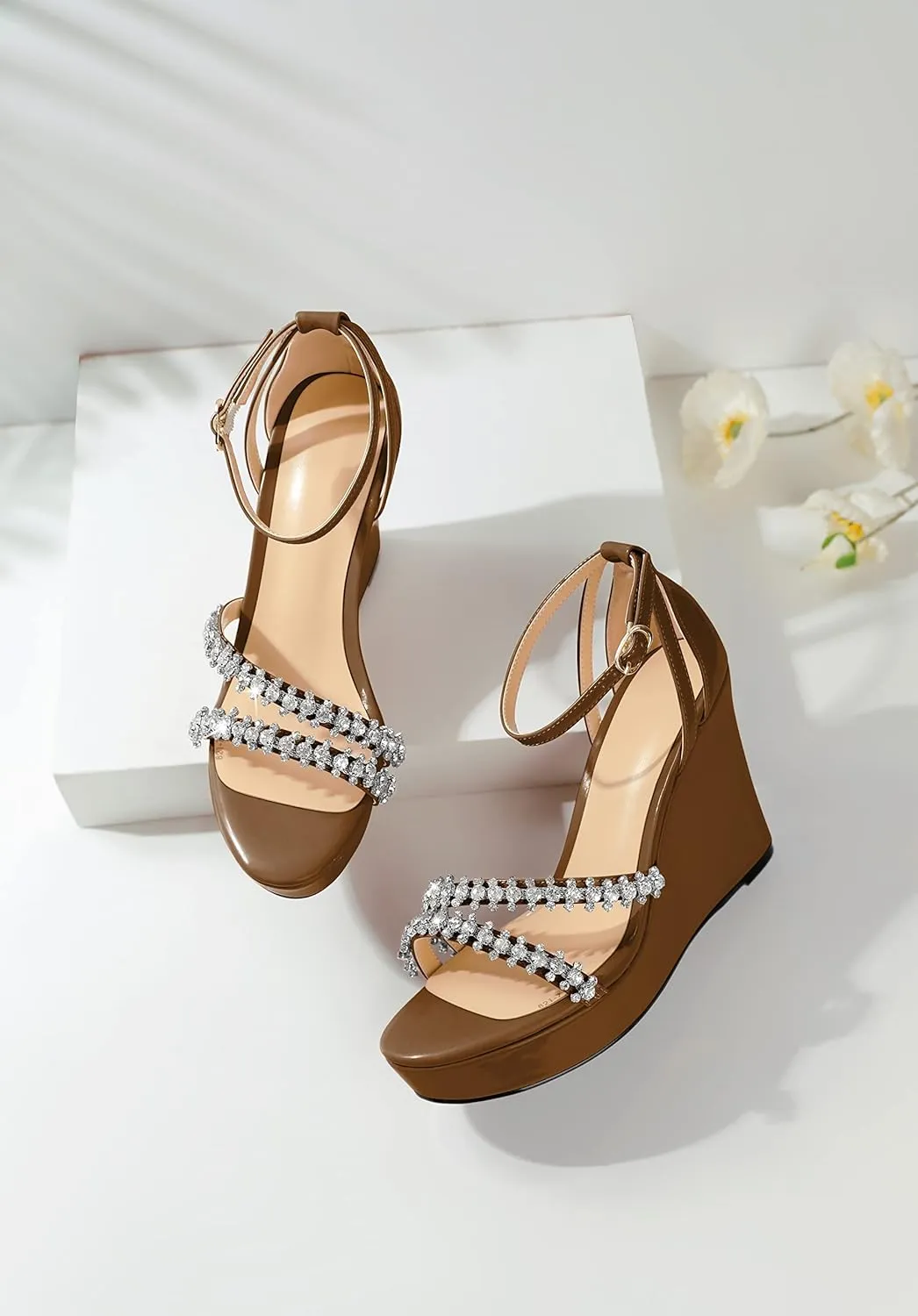 Soireelady Women Wedge Heel Sandals Open Toe Rhinestone Heels Sparkly Platform Heel Wedges Ankle Strap Summer Wedges Sexy Heeled Pump Shoes for Party Wedding Evening