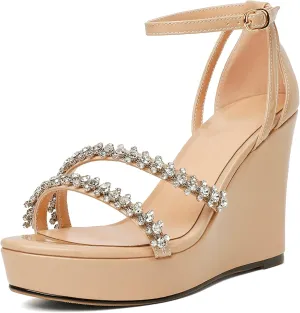 Soireelady Women Wedge Heel Sandals Open Toe Rhinestone Heels Sparkly Platform Heel Wedges Ankle Strap Summer Wedges Sexy Heeled Pump Shoes for Party Wedding Evening