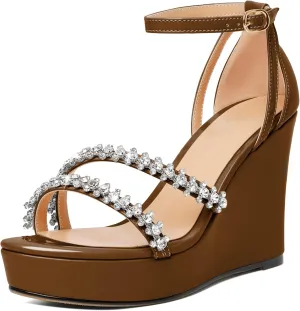 Soireelady Women Wedge Heel Sandals Open Toe Rhinestone Heels Sparkly Platform Heel Wedges Ankle Strap Summer Wedges Sexy Heeled Pump Shoes for Party Wedding Evening