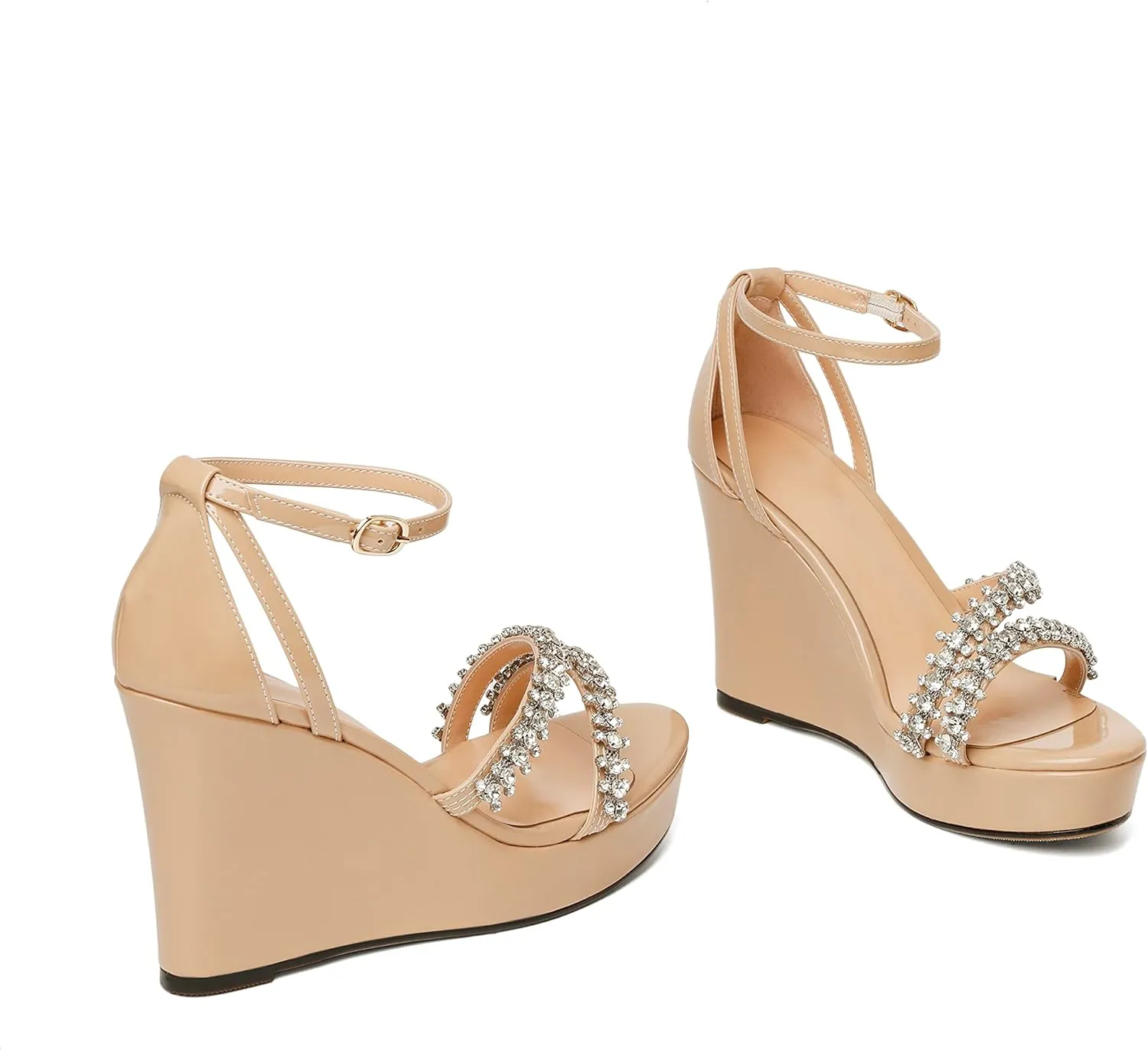 Soireelady Women Wedge Heel Sandals Open Toe Rhinestone Heels Sparkly Platform Heel Wedges Ankle Strap Summer Wedges Sexy Heeled Pump Shoes for Party Wedding Evening