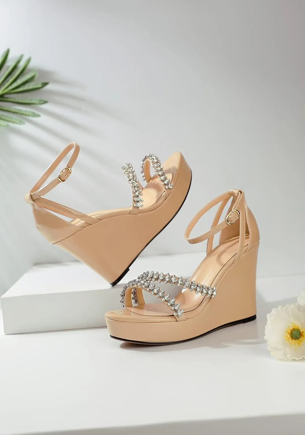 Soireelady Women Wedge Heel Sandals Open Toe Rhinestone Heels Sparkly Platform Heel Wedges Ankle Strap Summer Wedges Sexy Heeled Pump Shoes for Party Wedding Evening