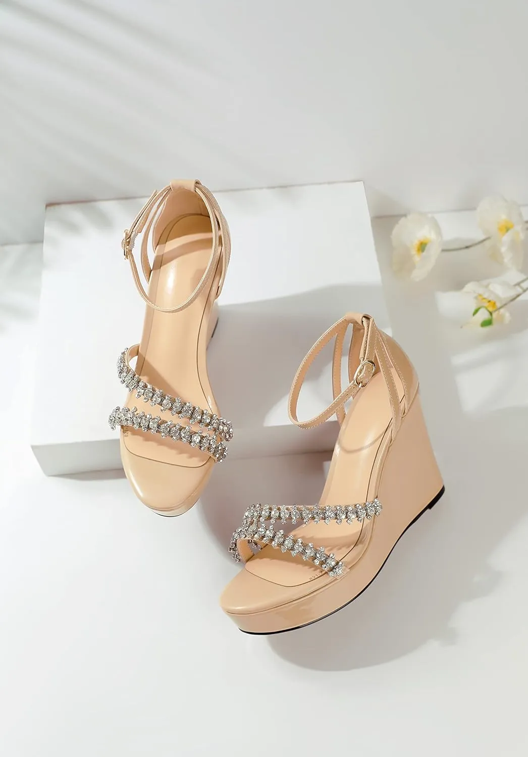 Soireelady Women Wedge Heel Sandals Open Toe Rhinestone Heels Sparkly Platform Heel Wedges Ankle Strap Summer Wedges Sexy Heeled Pump Shoes for Party Wedding Evening