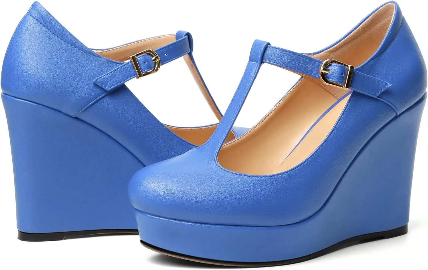 Soireelady Women's Platform Wedges Round Toe Wedge Heel Pumps T Strap High Heels Comfortable Office Dress Platform Pumps Classic Heeled Buckle Shoes