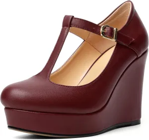 Soireelady Women's Platform Wedges Round Toe Wedge Heel Pumps T Strap High Heels Comfortable Office Dress Platform Pumps Classic Heeled Buckle Shoes