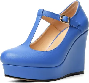 Soireelady Women's Platform Wedges Round Toe Wedge Heel Pumps T Strap High Heels Comfortable Office Dress Platform Pumps Classic Heeled Buckle Shoes