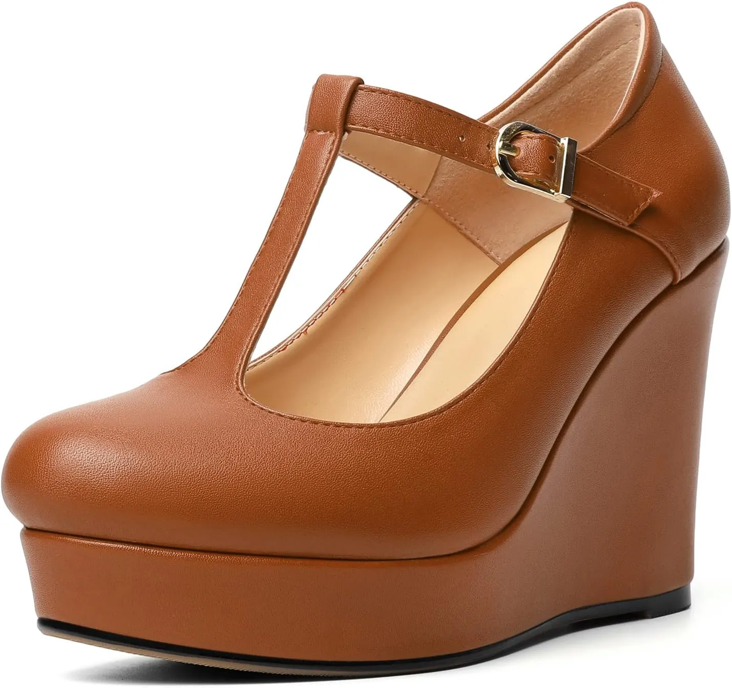 Soireelady Women's Platform Wedges Round Toe Wedge Heel Pumps T Strap High Heels Comfortable Office Dress Platform Pumps Classic Heeled Buckle Shoes