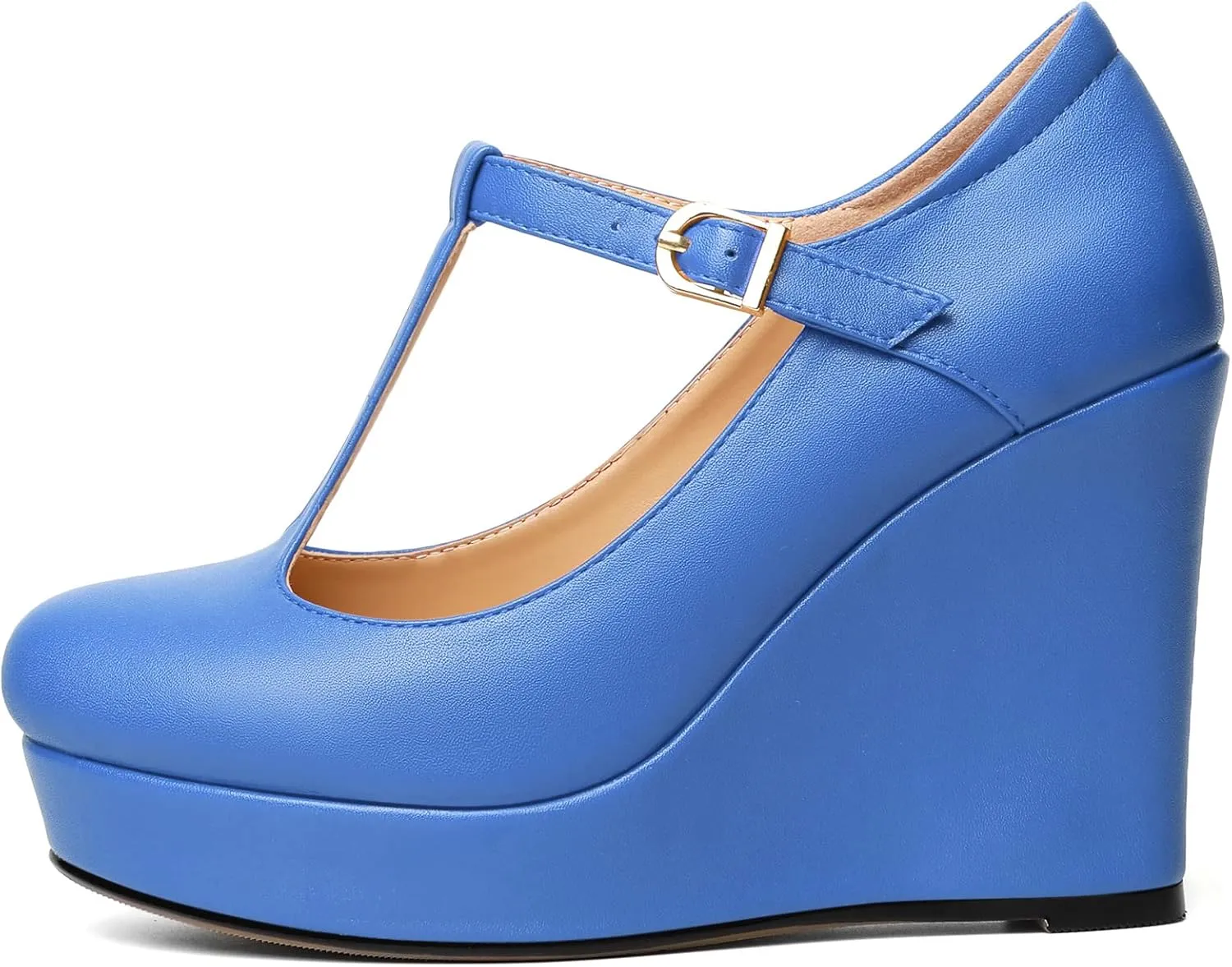 Soireelady Women's Platform Wedges Round Toe Wedge Heel Pumps T Strap High Heels Comfortable Office Dress Platform Pumps Classic Heeled Buckle Shoes