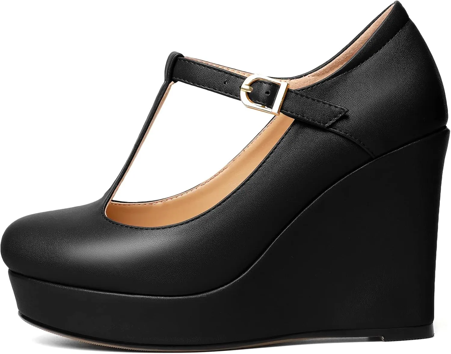 Soireelady Women's Platform Wedges Round Toe Wedge Heel Pumps T Strap High Heels Comfortable Office Dress Platform Pumps Classic Heeled Buckle Shoes