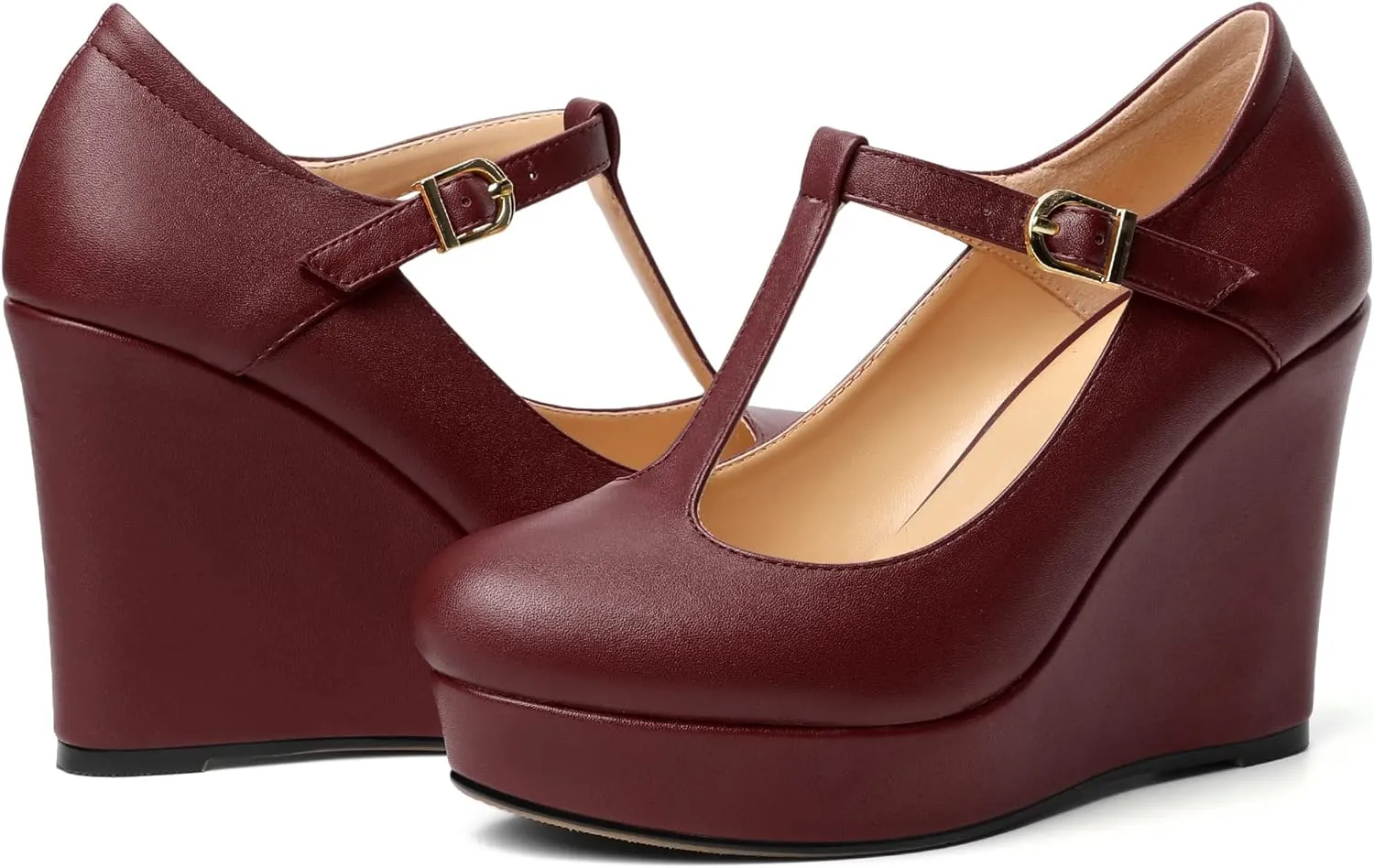 Soireelady Women's Platform Wedges Round Toe Wedge Heel Pumps T Strap High Heels Comfortable Office Dress Platform Pumps Classic Heeled Buckle Shoes