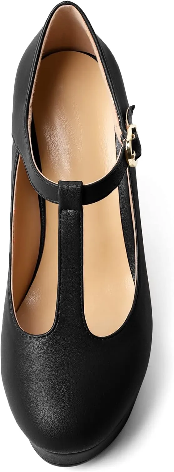 Soireelady Women's Platform Wedges Round Toe Wedge Heel Pumps T Strap High Heels Comfortable Office Dress Platform Pumps Classic Heeled Buckle Shoes