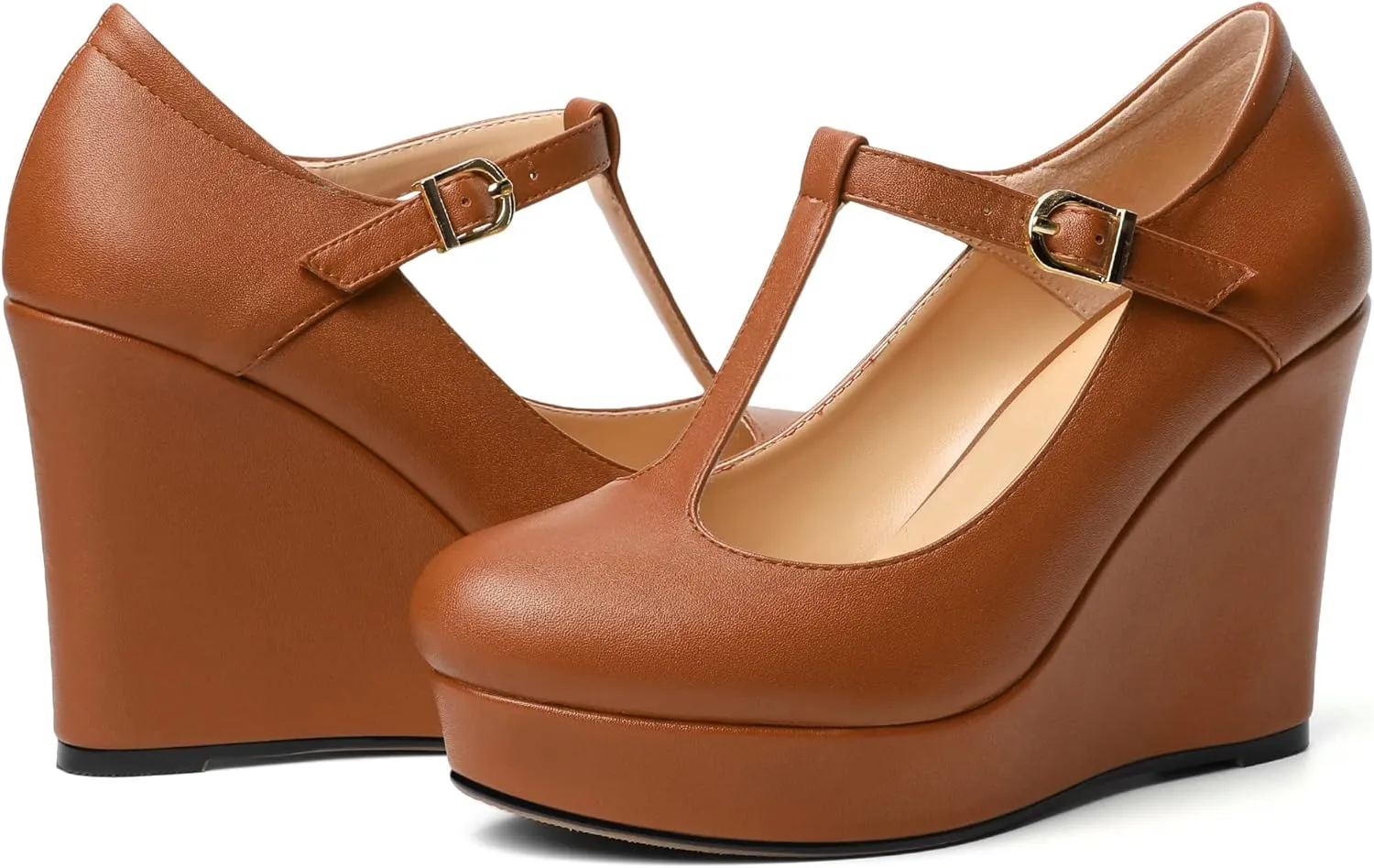 Soireelady Women's Platform Wedges Round Toe Wedge Heel Pumps T Strap High Heels Comfortable Office Dress Platform Pumps Classic Heeled Buckle Shoes