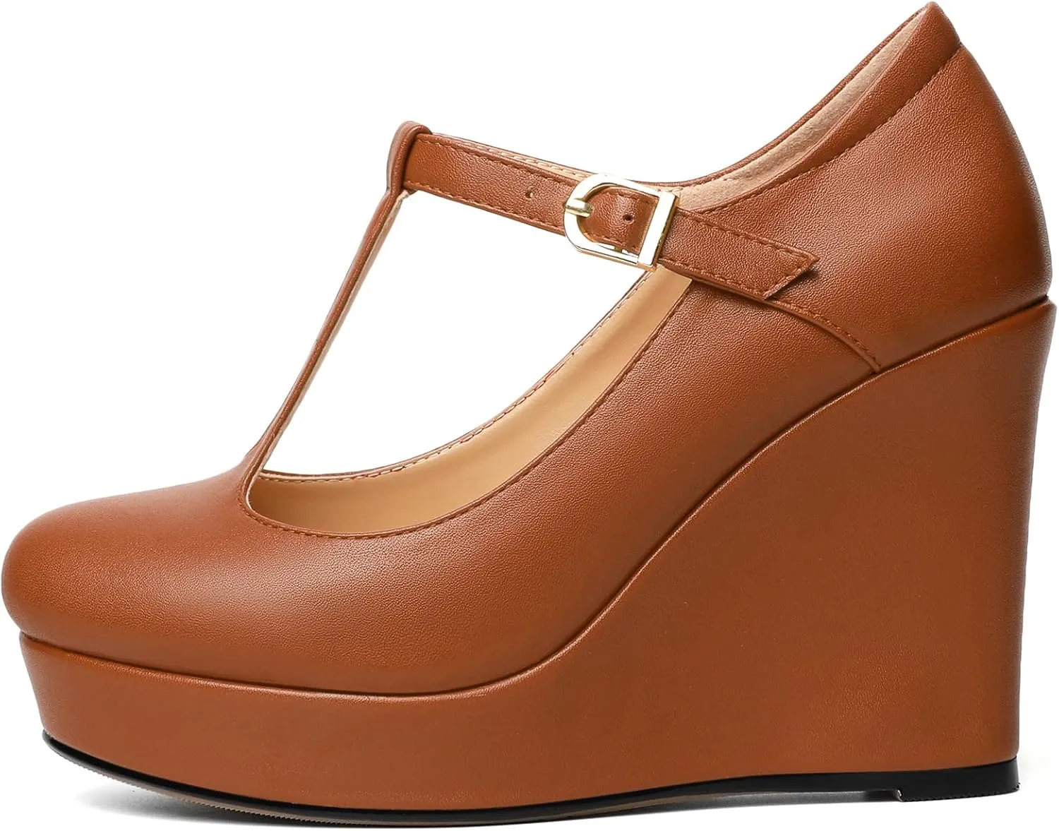 Soireelady Women's Platform Wedges Round Toe Wedge Heel Pumps T Strap High Heels Comfortable Office Dress Platform Pumps Classic Heeled Buckle Shoes