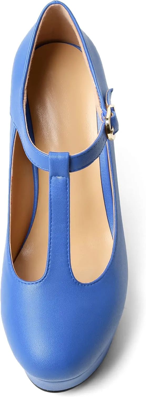 Soireelady Women's Platform Wedges Round Toe Wedge Heel Pumps T Strap High Heels Comfortable Office Dress Platform Pumps Classic Heeled Buckle Shoes