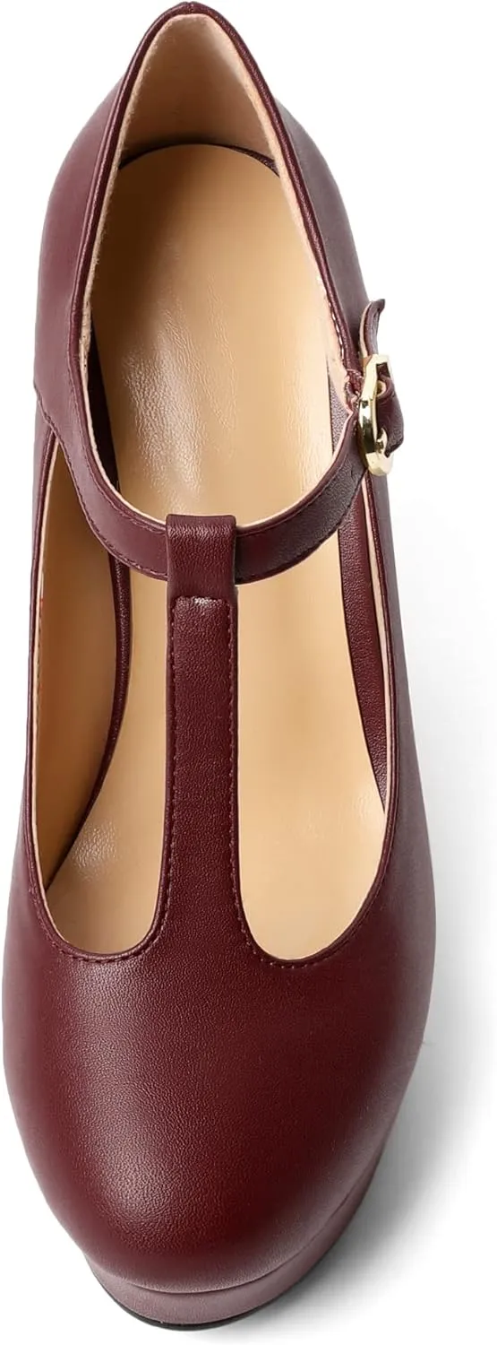 Soireelady Women's Platform Wedges Round Toe Wedge Heel Pumps T Strap High Heels Comfortable Office Dress Platform Pumps Classic Heeled Buckle Shoes