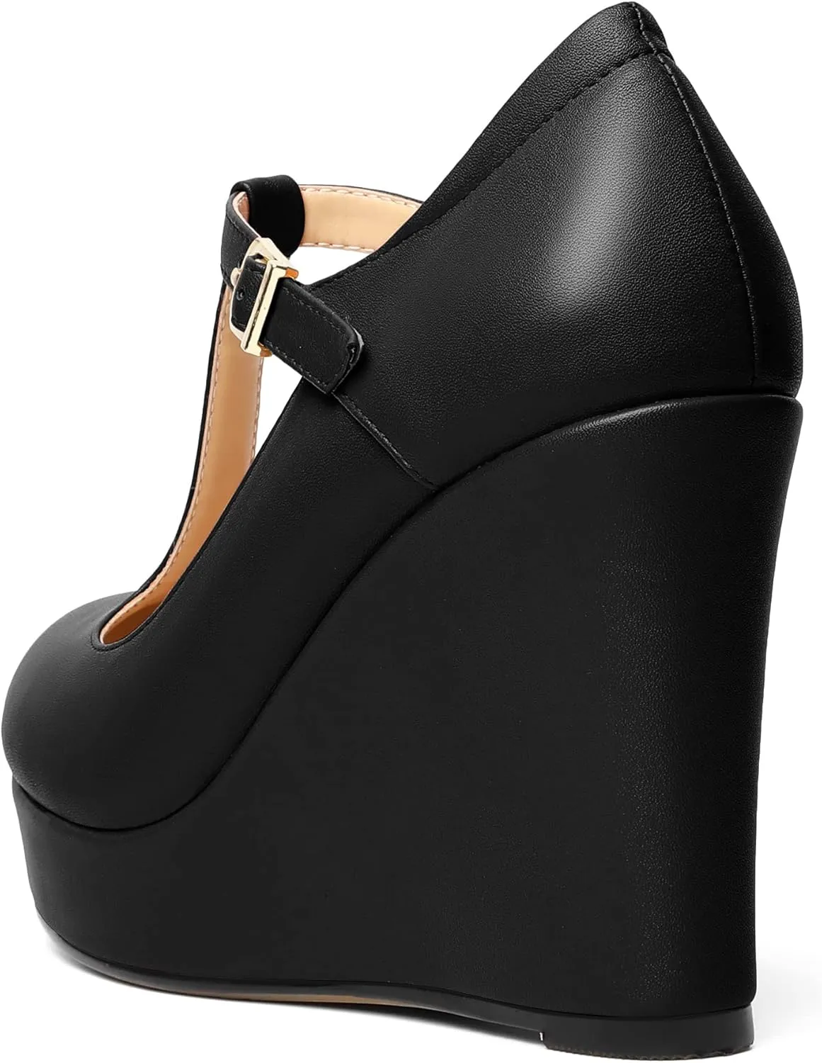 Soireelady Women's Platform Wedges Round Toe Wedge Heel Pumps T Strap High Heels Comfortable Office Dress Platform Pumps Classic Heeled Buckle Shoes