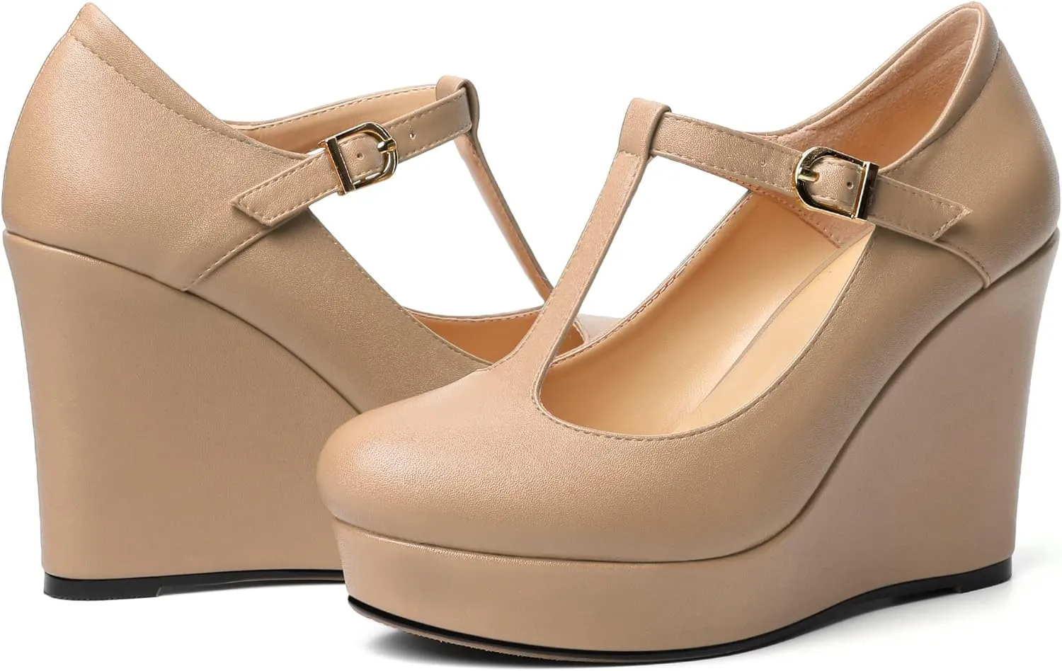 Soireelady Women's Platform Wedges Round Toe Wedge Heel Pumps T Strap High Heels Comfortable Office Dress Platform Pumps Classic Heeled Buckle Shoes