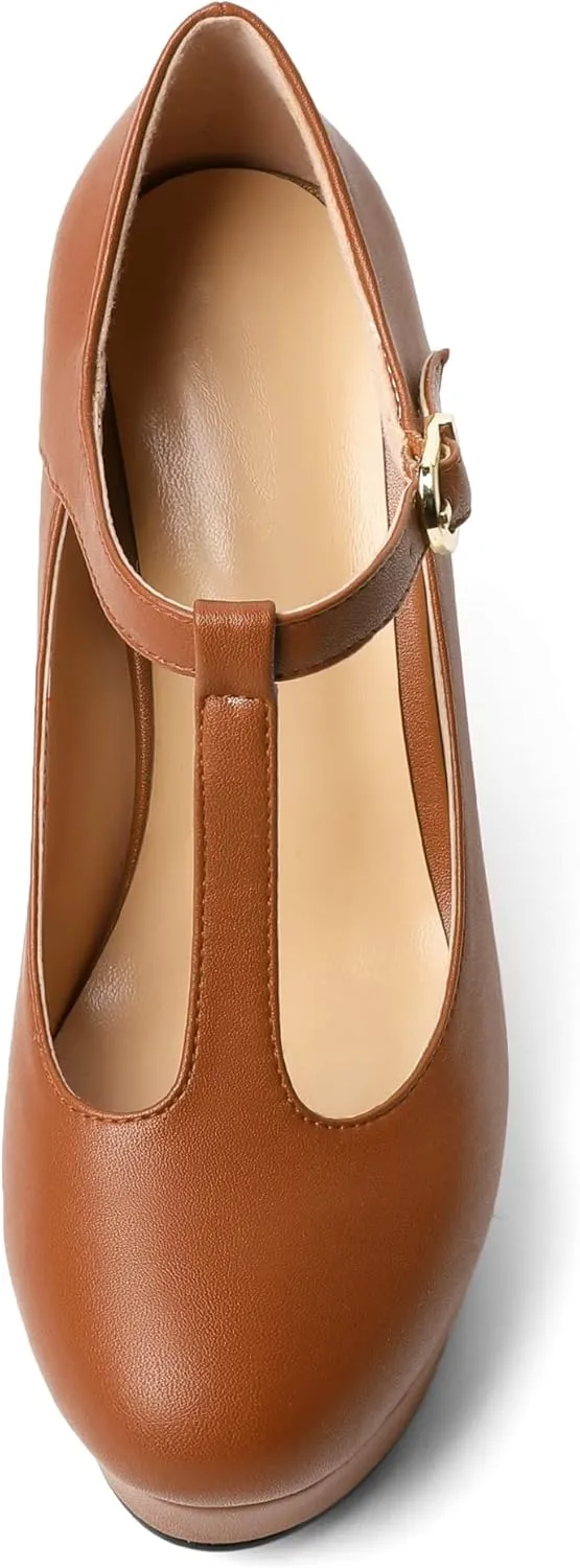 Soireelady Women's Platform Wedges Round Toe Wedge Heel Pumps T Strap High Heels Comfortable Office Dress Platform Pumps Classic Heeled Buckle Shoes