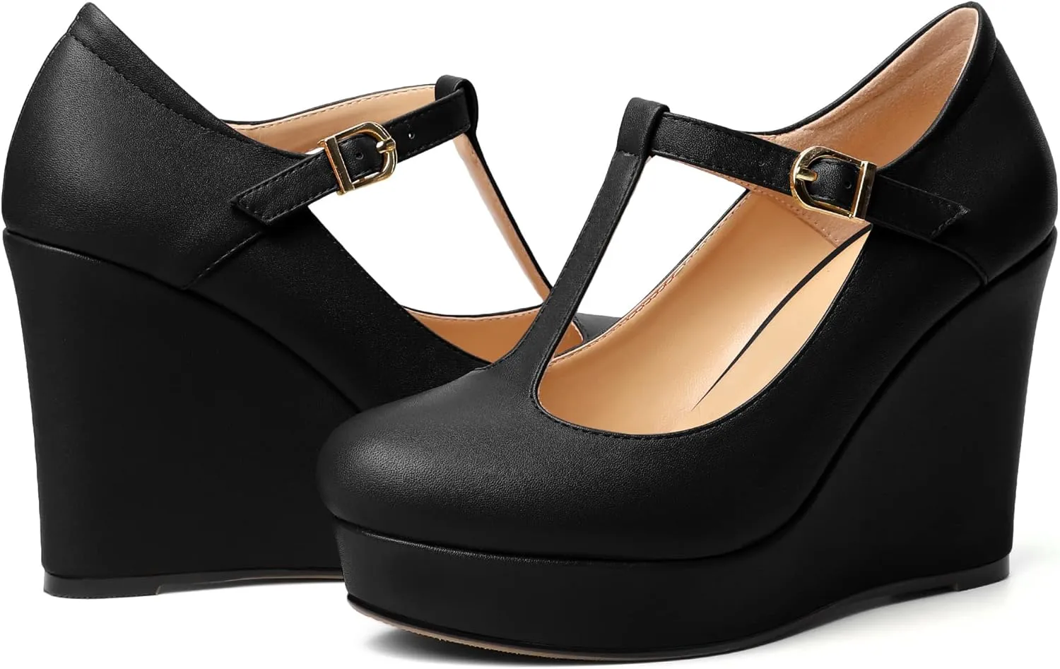 Soireelady Women's Platform Wedges Round Toe Wedge Heel Pumps T Strap High Heels Comfortable Office Dress Platform Pumps Classic Heeled Buckle Shoes