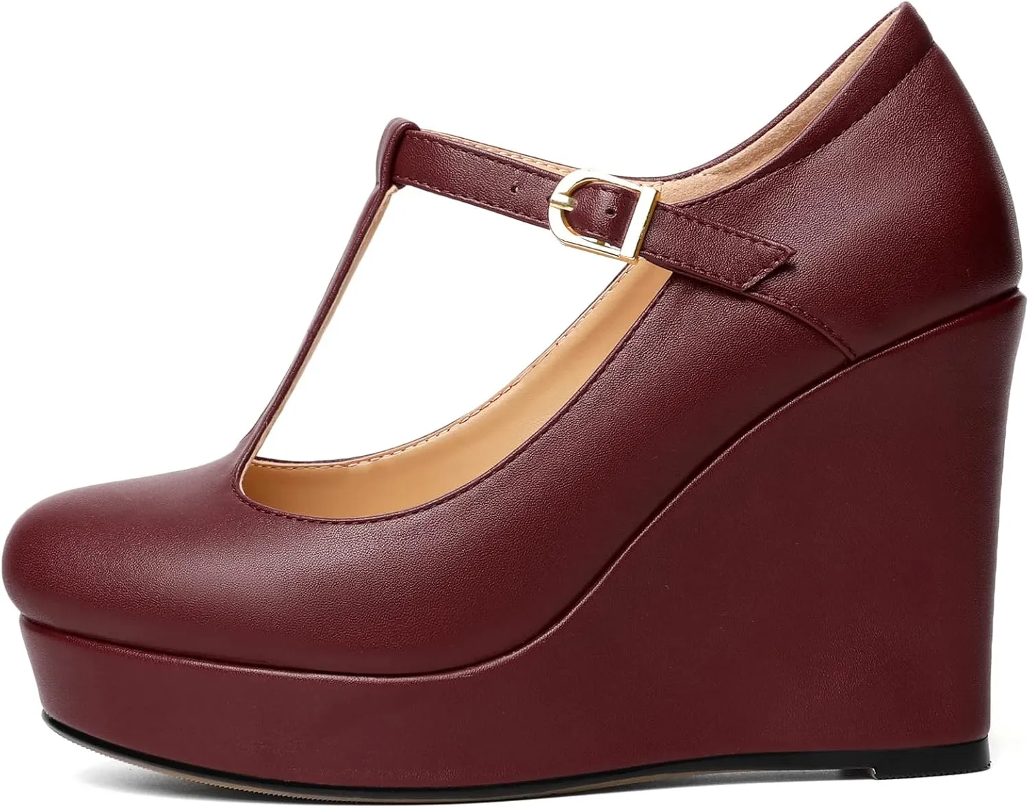 Soireelady Women's Platform Wedges Round Toe Wedge Heel Pumps T Strap High Heels Comfortable Office Dress Platform Pumps Classic Heeled Buckle Shoes