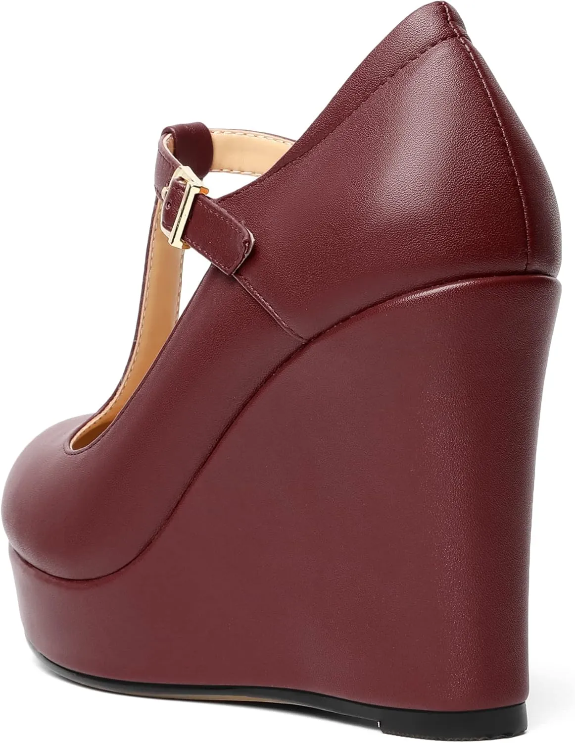 Soireelady Women's Platform Wedges Round Toe Wedge Heel Pumps T Strap High Heels Comfortable Office Dress Platform Pumps Classic Heeled Buckle Shoes