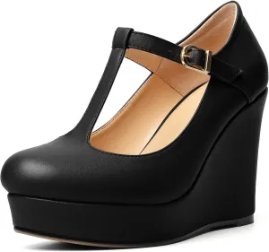 Soireelady Women's Platform Wedges Round Toe Wedge Heel Pumps T Strap High Heels Comfortable Office Dress Platform Pumps Classic Heeled Buckle Shoes