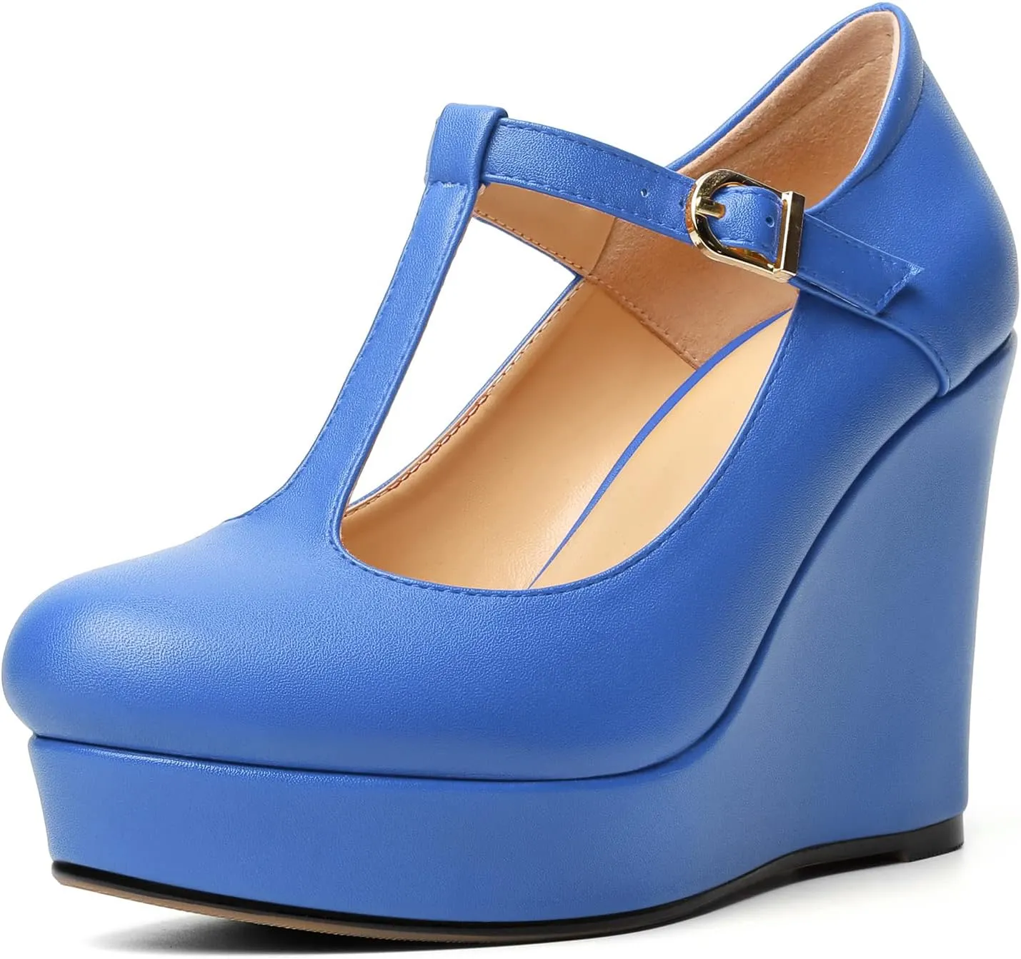 Soireelady Women's Platform Wedges Round Toe Wedge Heel Pumps T Strap High Heels Comfortable Office Dress Platform Pumps Classic Heeled Buckle Shoes